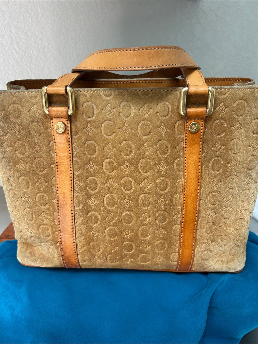 Celine Tan Suede Tote with Leather Trim